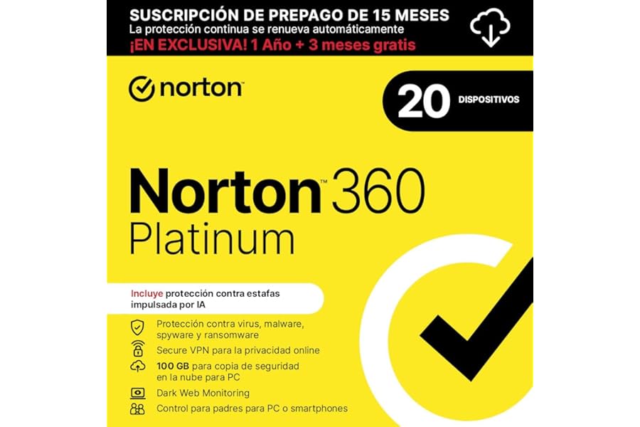 Norton 360 Platinum 2025 - Antivírus para 20 Dispositivos (15 meses)