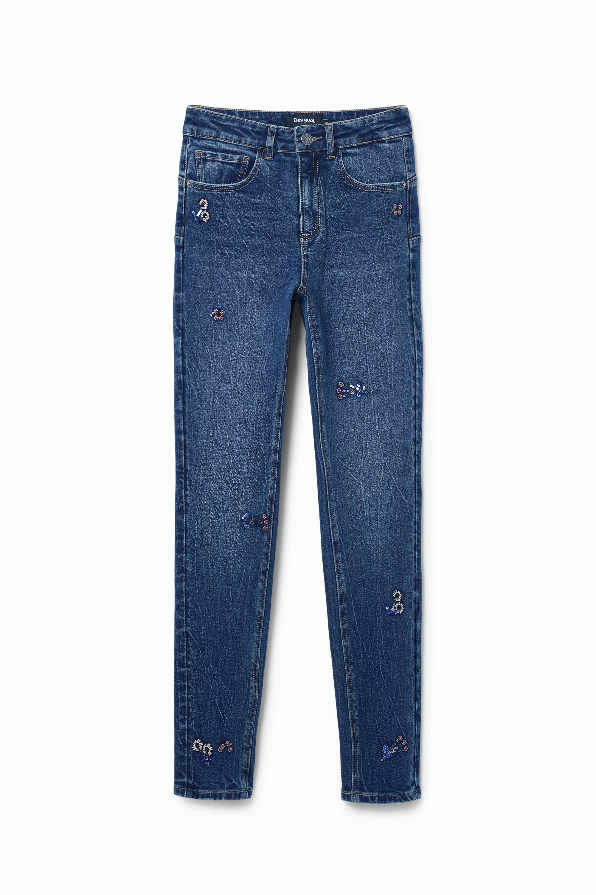 Desigual Vaqueros Slim con Abalorios y Flores