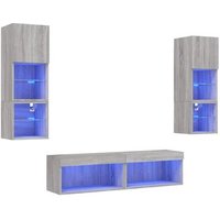 Mueble de TV de Pared con LED, 6 Piezas, Madera de Ingeniería Gris Sonoma