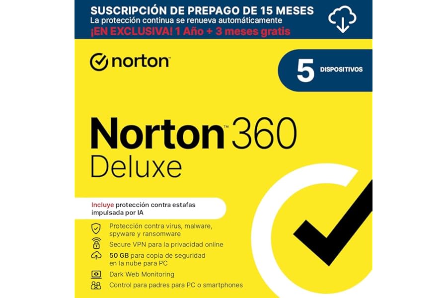 Norton 360 Deluxe 2025 Antivirus para 5 Dispositivos - 15 Meses (Descarga Digital) Norton 360 Deluxe 2025 Antivirus para 5 Dispositivos - 15 Meses (Descarga Digital)