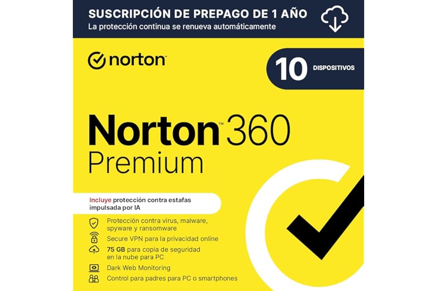 Norton 360 Premium 2025 Antivírus para 10 Dispositivos (1 año, Descarga Digital) Norton 360 Premium 2025 Antivírus para 10 Dispositivos (1 año, Descarga Digital)