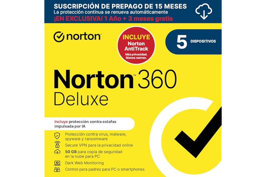 Norton 360 Deluxe + Norton AntiTrack 2025, 5 Dispositivos, 15 Meses (Descarga Digital)