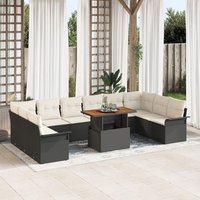 Conjunto de Comedor de Jardín de Mimbre Poliratán Negro con Cojines Beige