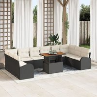Conjunto de comedor de jardín de 11 piezas con cojines de rattan y poliéster, Acacia V7487