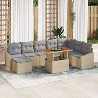Conjunto de comedor de jardín de 9 piezas con cojines, rattan de polímero, acacia V9887
