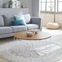 Mesa De Centro Redonda De Madera De Teca Maciza Y Metal