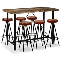 Mesa y 6 Taburetes de Bar de Madera Maciza Reciclada con Cuero Real y Lona – Vidaxl