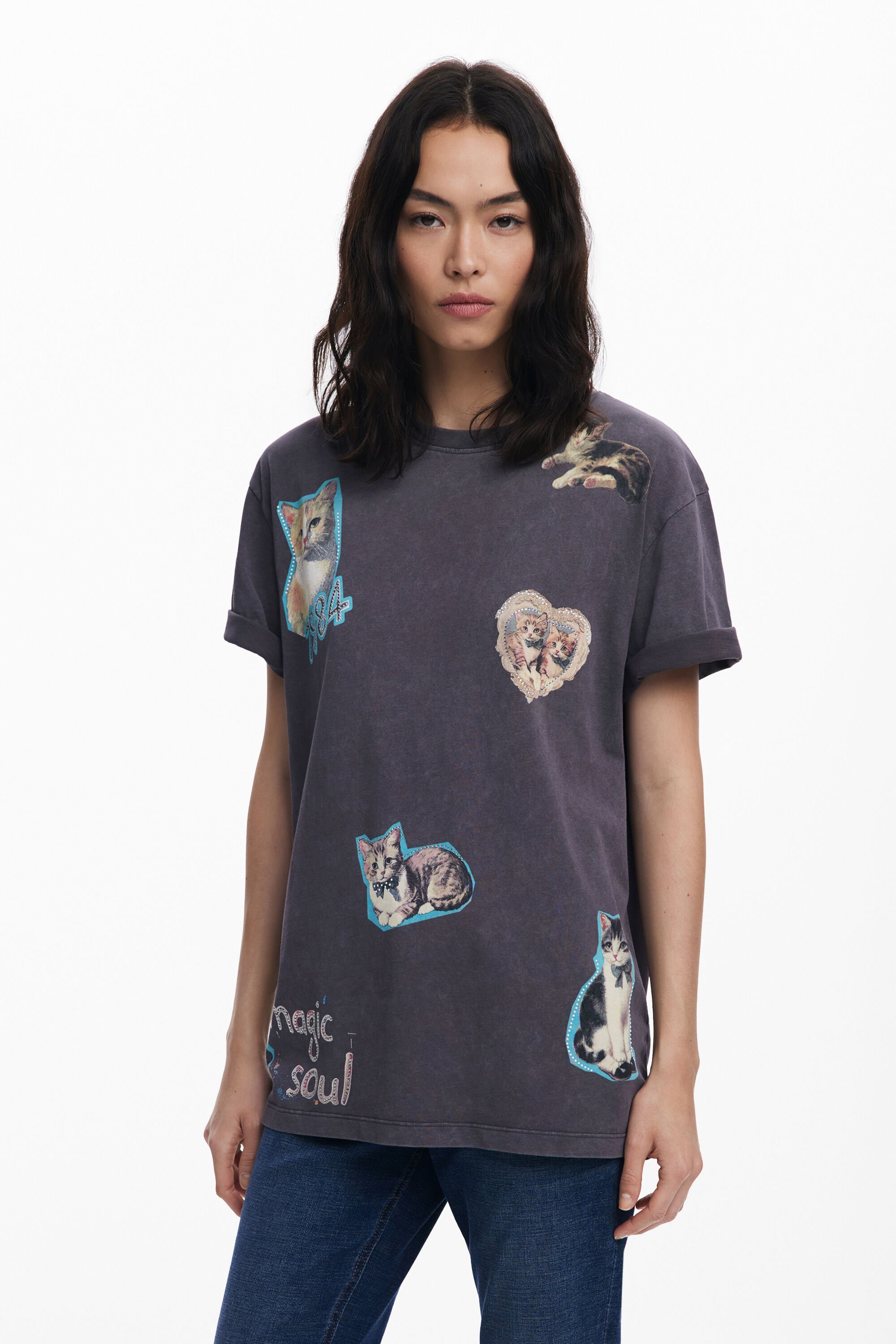 Desigual Camiseta de algodón con gatos para hombre