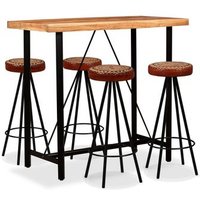 Set de Mesa y 4 Taburetes de Bar de Madera Acacia con Cuero Real y Lona