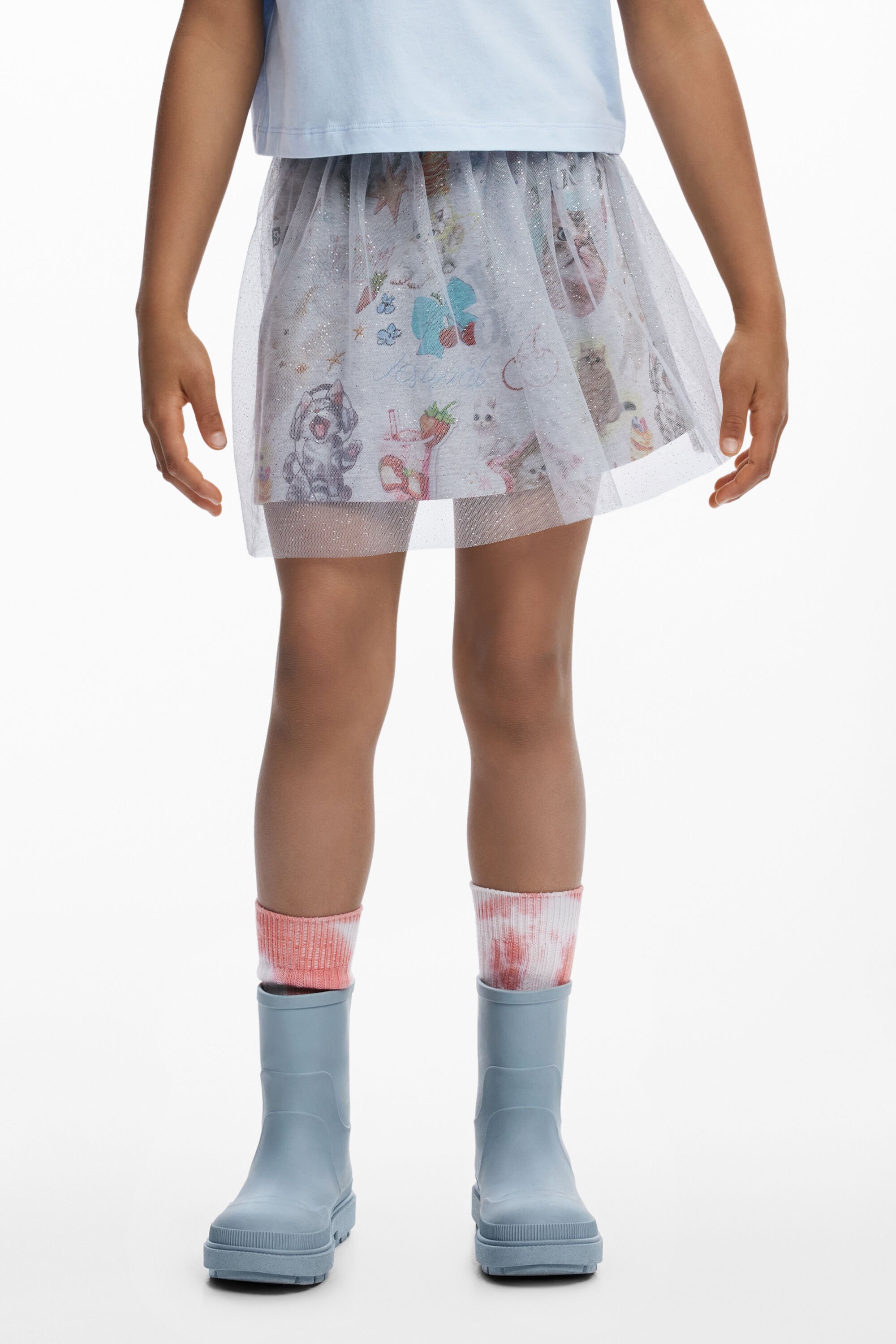 Desigual Minifalda de tul con estampado de gatos