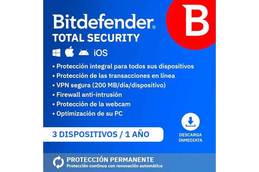 Bitdefender Total Security 2025 - 3 dispositivos - 1 año - PC/Mac/iOS/Android