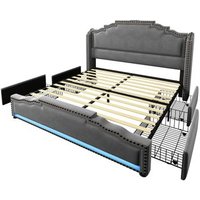 Cama Tapizada 160x200 cm, 2 plazas, 4 cajones, con almacenamiento, puerto USB-C, iluminación LED, sin colchón