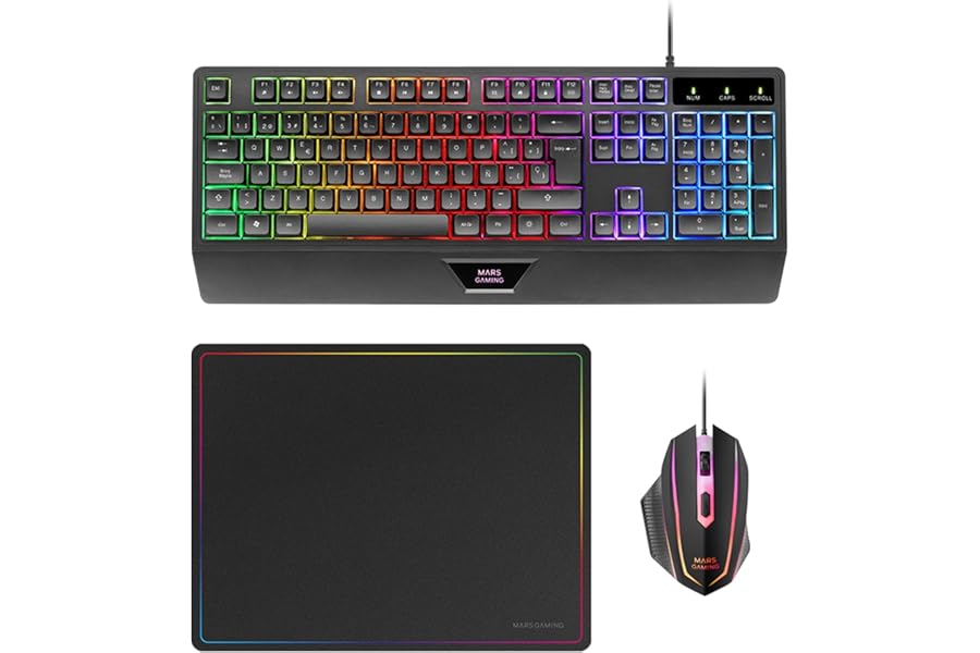 Mars Gaming MCP124 Combo Gaming 3en1: Teclado Ergonómico H‑Mech RGB + Ratón RGB 3200 DPI + Alfombrilla Nano