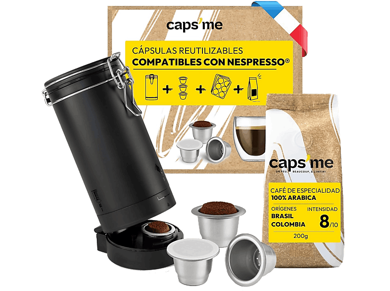 Accesorio de cafetera Caps Me CPM001 con coctelera y 3 cápsulas reutilizables compatibles Nespresso® 102, 200 gr café arábica