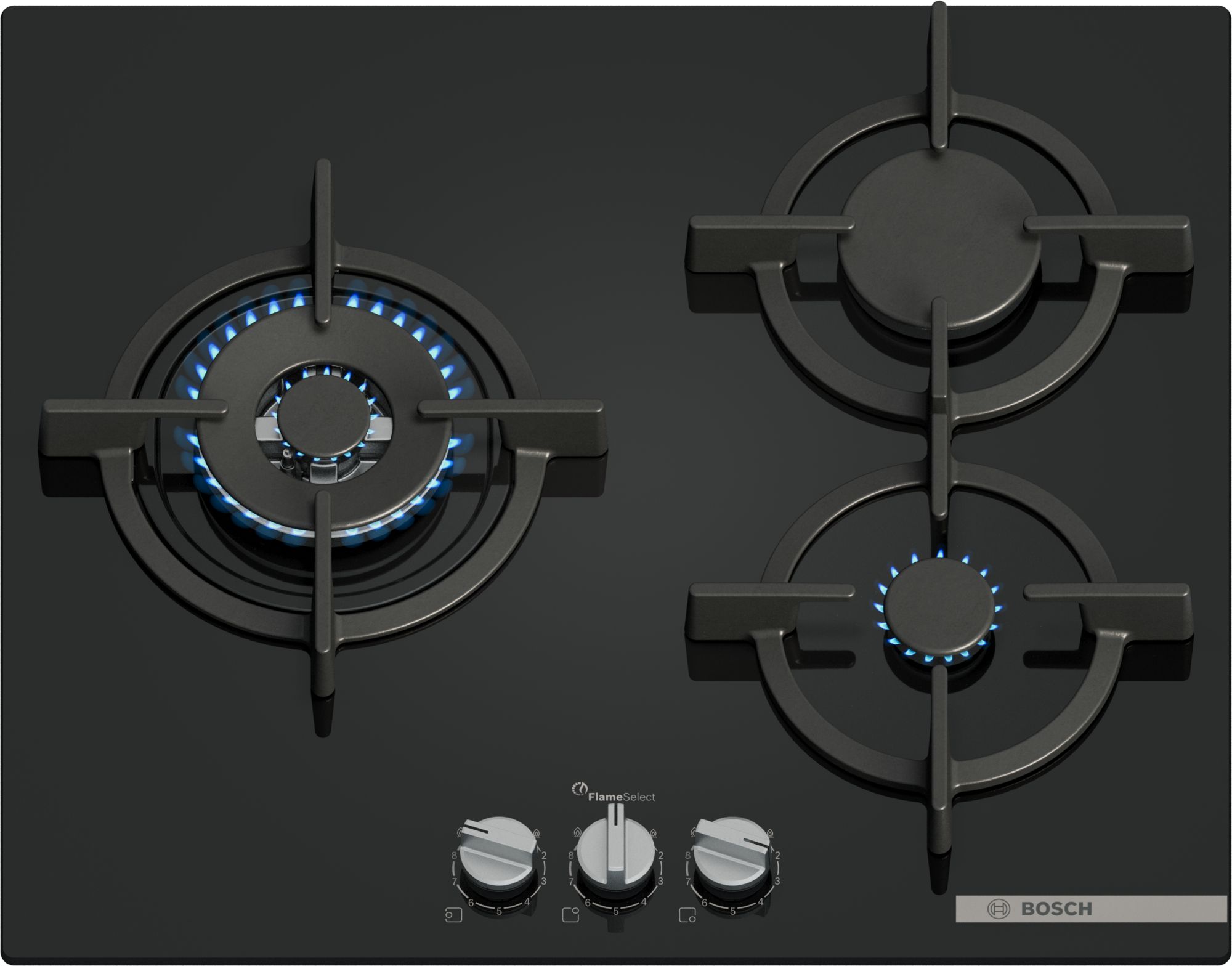 Bosch PPC6A6I10 Placa de gas Serie 6, 60 cm, 3 zonas, gas natural, vidrio templado