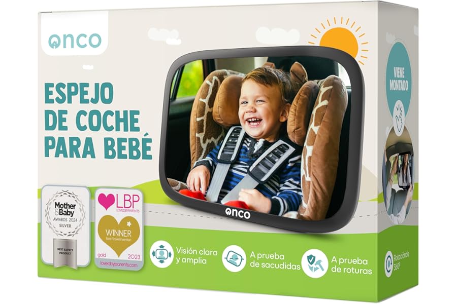 Onco Espejo de Coche para Bebé – Ajuste Universal, Rotación 360°, 100% Irrompible