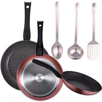 Pack de 3 sartenes Ø20/24 y 28 cm + set de 3 utensilios de cocina en acero inoxidable