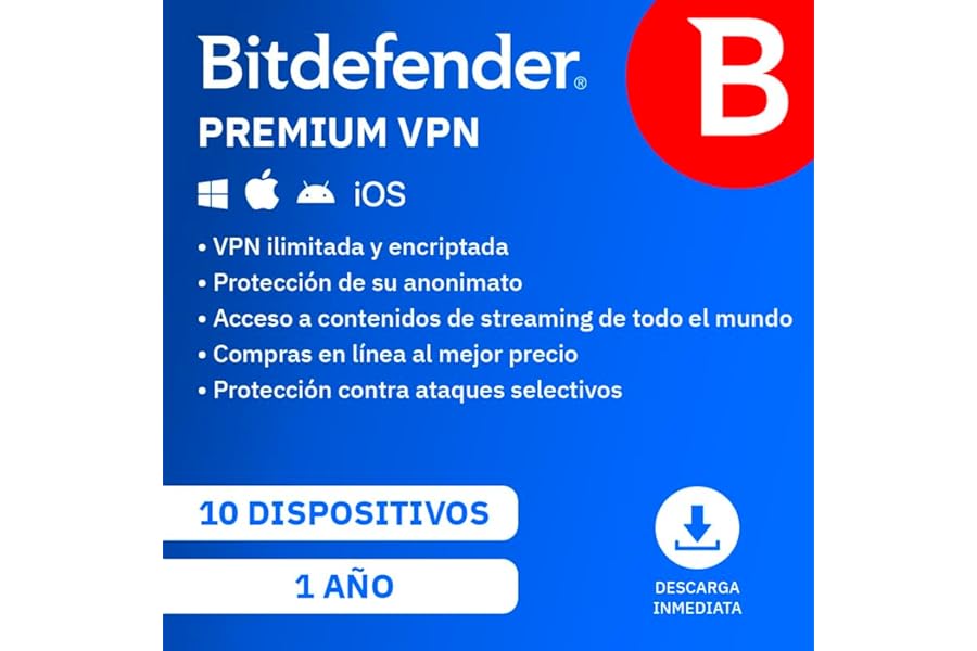 Bitdefender Premium VPN 2024 - 10 dispositivos, 1 año, PC/Mac/Móvil