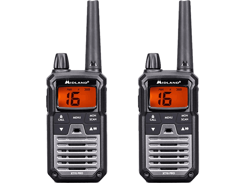 Walkie Talkie Midland XT70 Pro, 32 canales, Alcance 12 km, Carga rápida, USB
