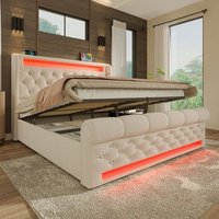 Cama Doble Tapizada 160x200 cm con Luces LED, Puertos USB Tipo C y Espacio de Almacenamiento Hidráulico