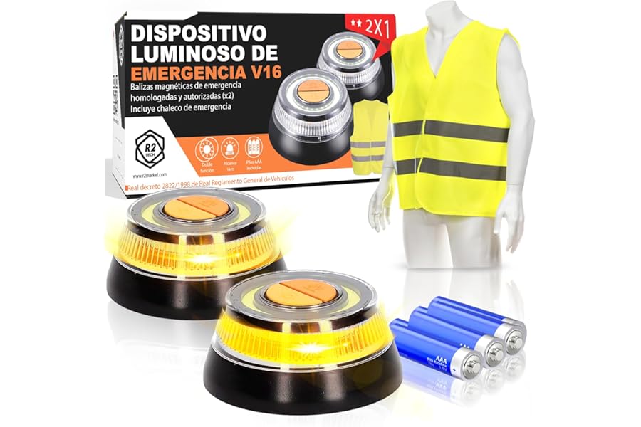 R2TECH® SUPER PACK Baliza V16 - Luz Emergencia Coche con 2 Balizas V16, Chaleco Reflectante y Pilas
