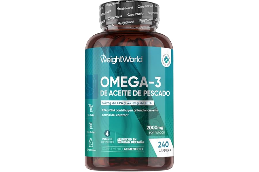Omega 3 2000 mg - 240 Perlas de Aceite de Pescado (660 mg EPA + 440 mg DHA) - 4 Meses, Sin OGM