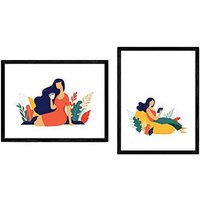 Pack de Posters Ilustración de Mujeres en el Día a Día – Mujer Tomando Café y Leyendo Láminas A4 Marco – Nacnic