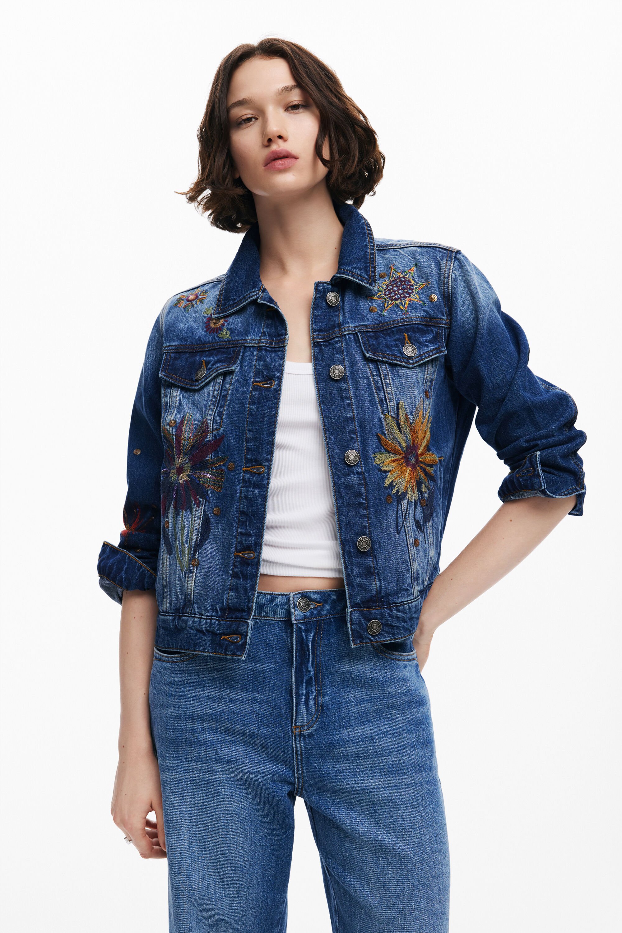Chaqueta vaquera Desigual flores mujer Chaqueta vaquera Desigual flores mujer