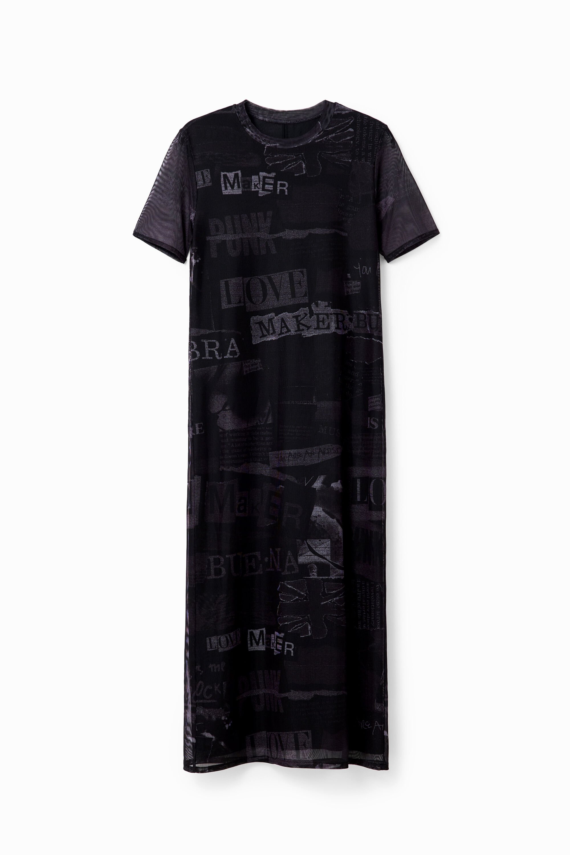 Vestido midi de tul con estampado de periódico
