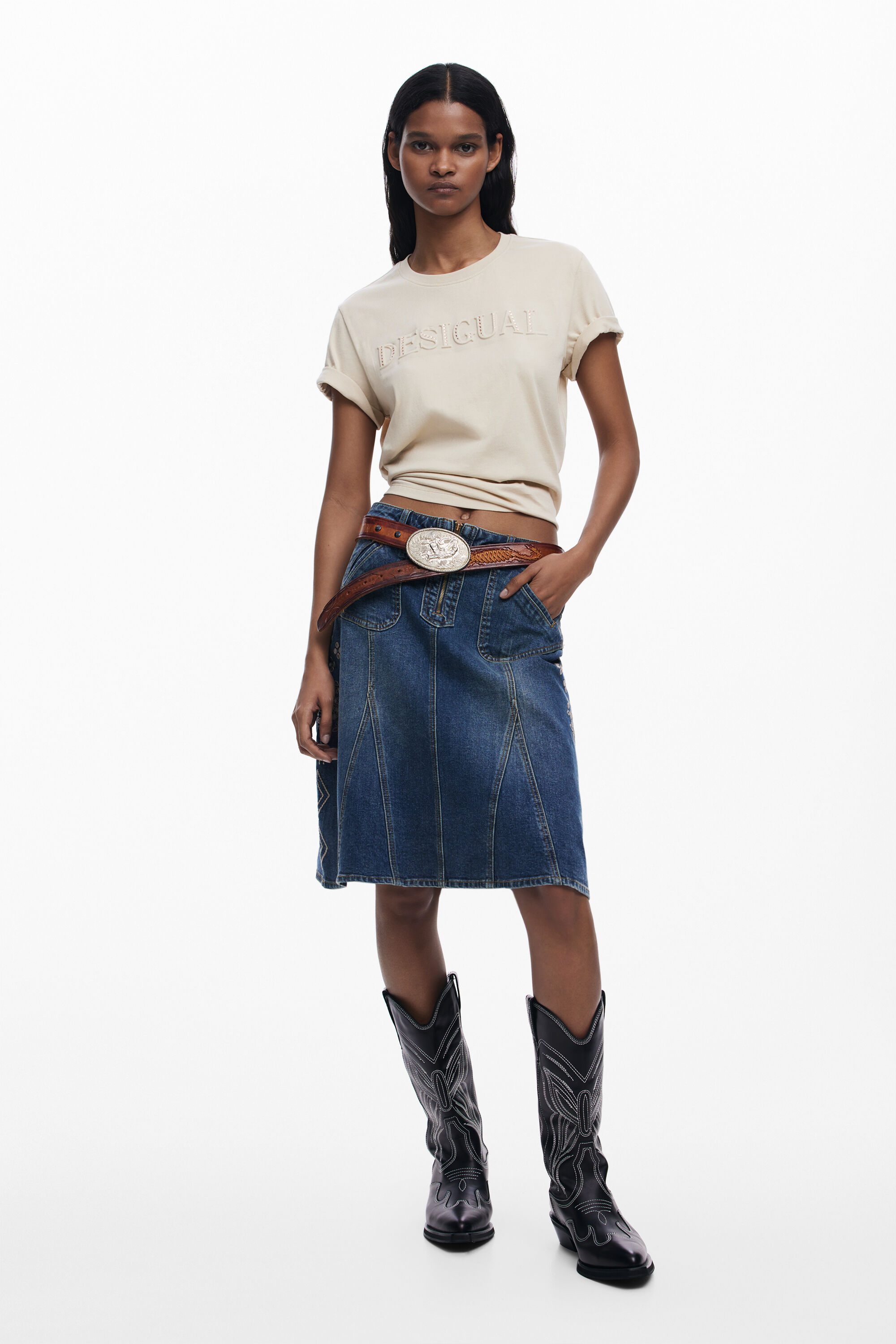 Falda denim bordada Desigual para mujer Falda denim bordada Desigual para mujer