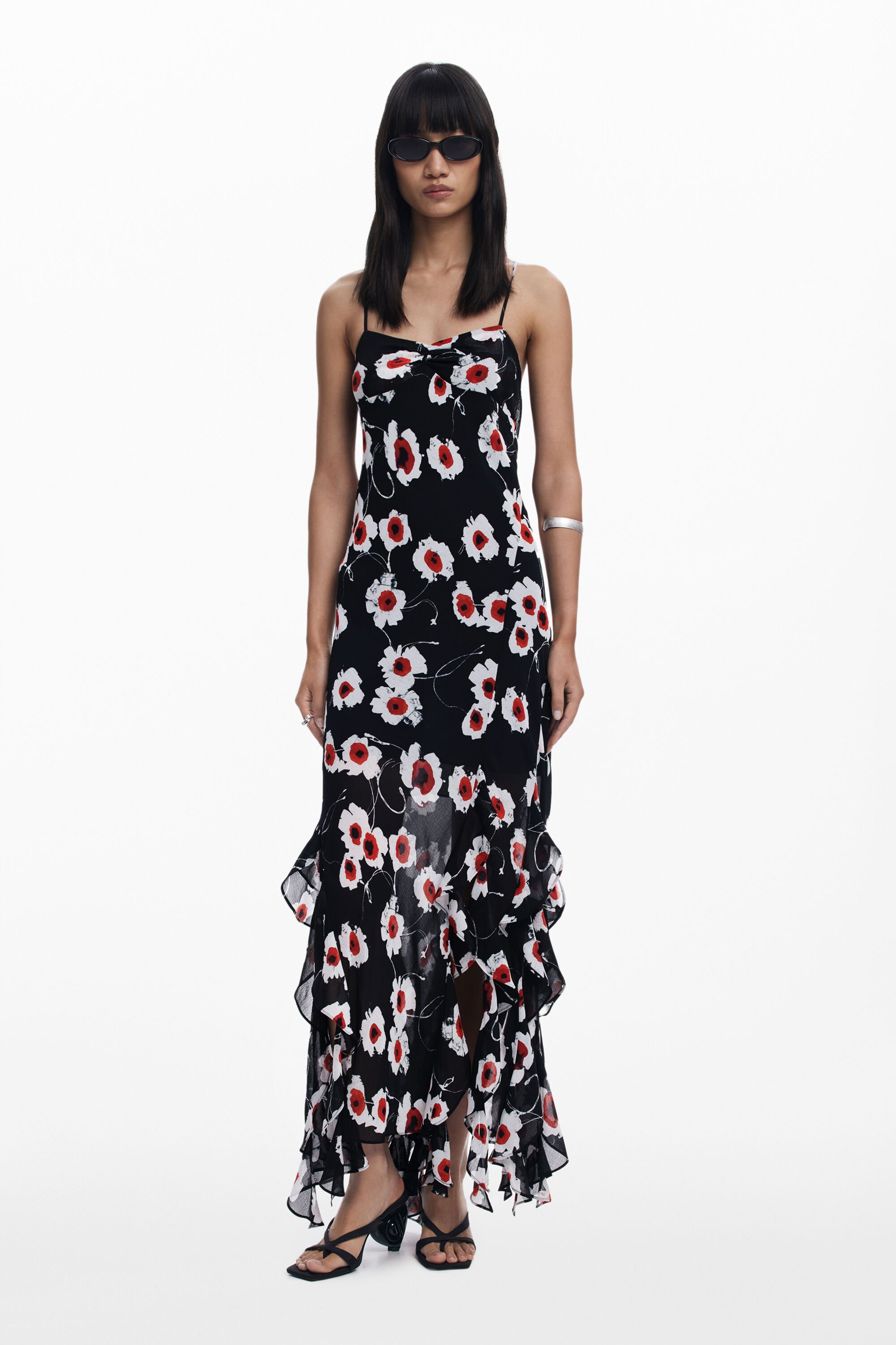 Vestido midi Desigual con estampado de amapolas y volantes para mujer