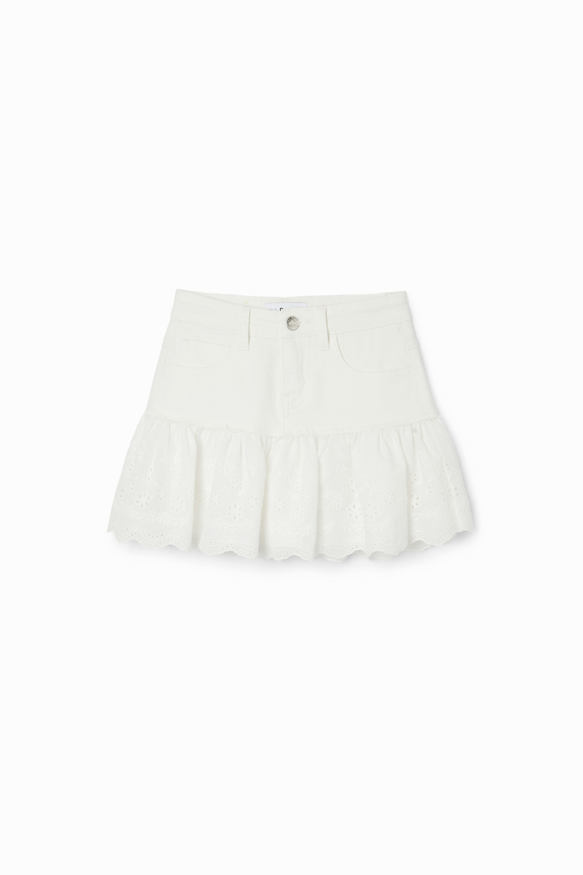 Minifalda Vaquera Desigual con Volante Bordado Suizo