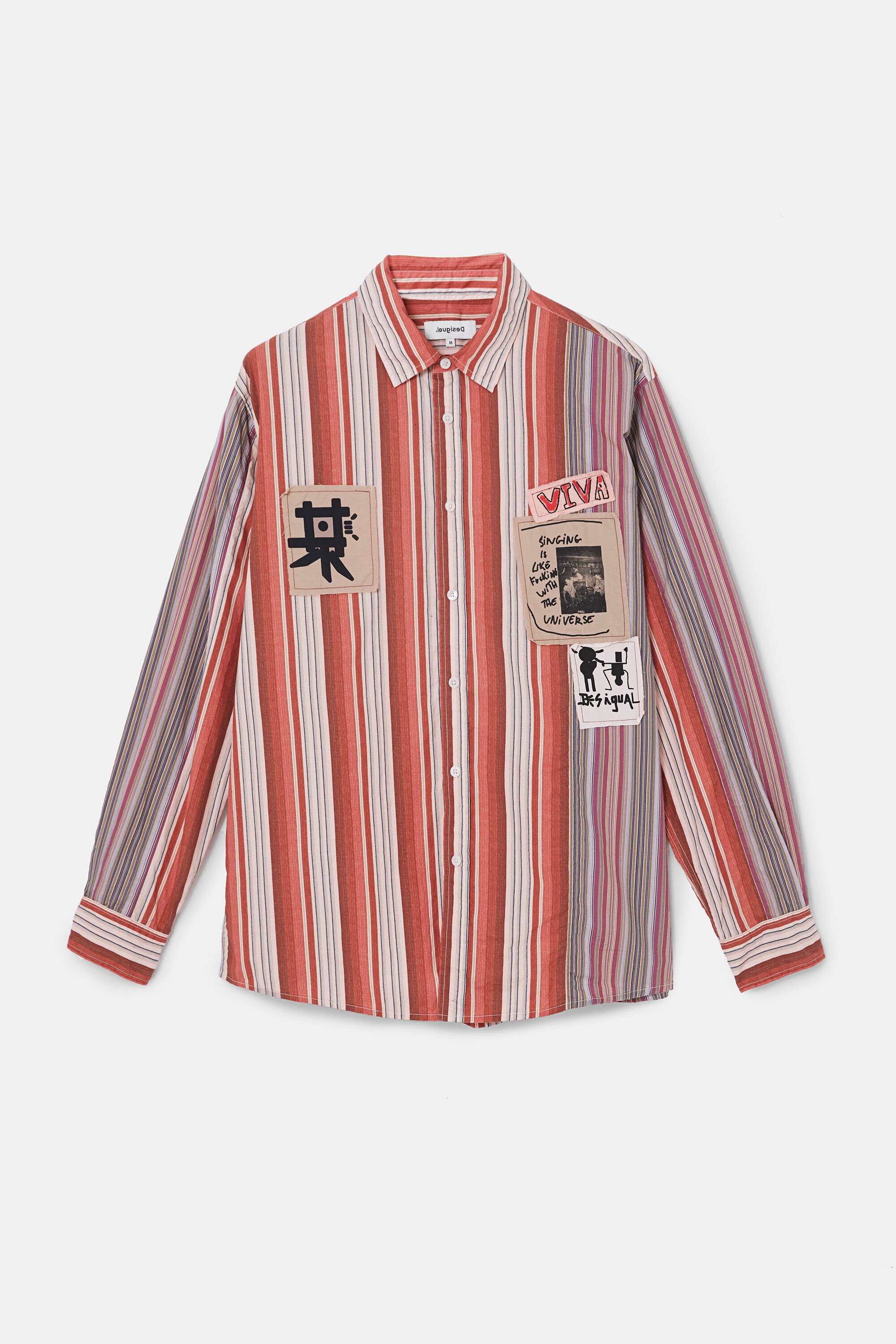 Camisa de algodón Desigual con parches y mensajes para hombre