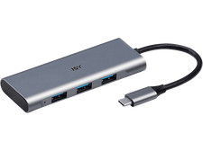 Hub ISY IHU-5000 con entrada USB-C y 3 salidas USB-A, diseño de aluminio