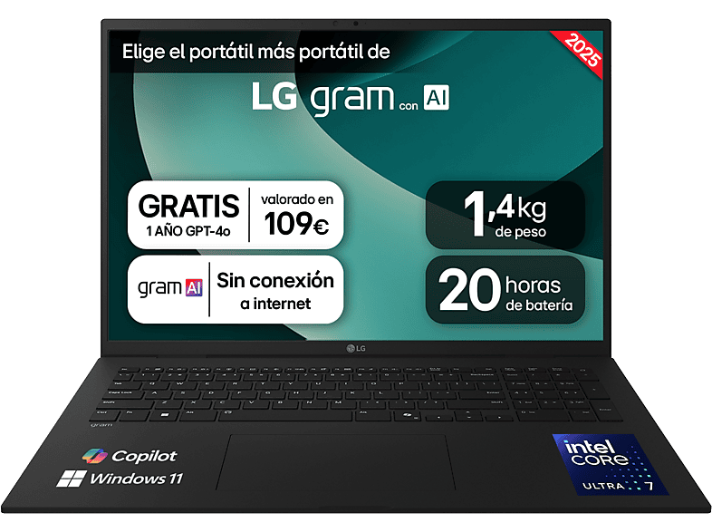 Portátil LG 17Z90T-G.AD8BB 17" WQXGA Intel Core Ultra 7 32GB RAM 1TB SSD