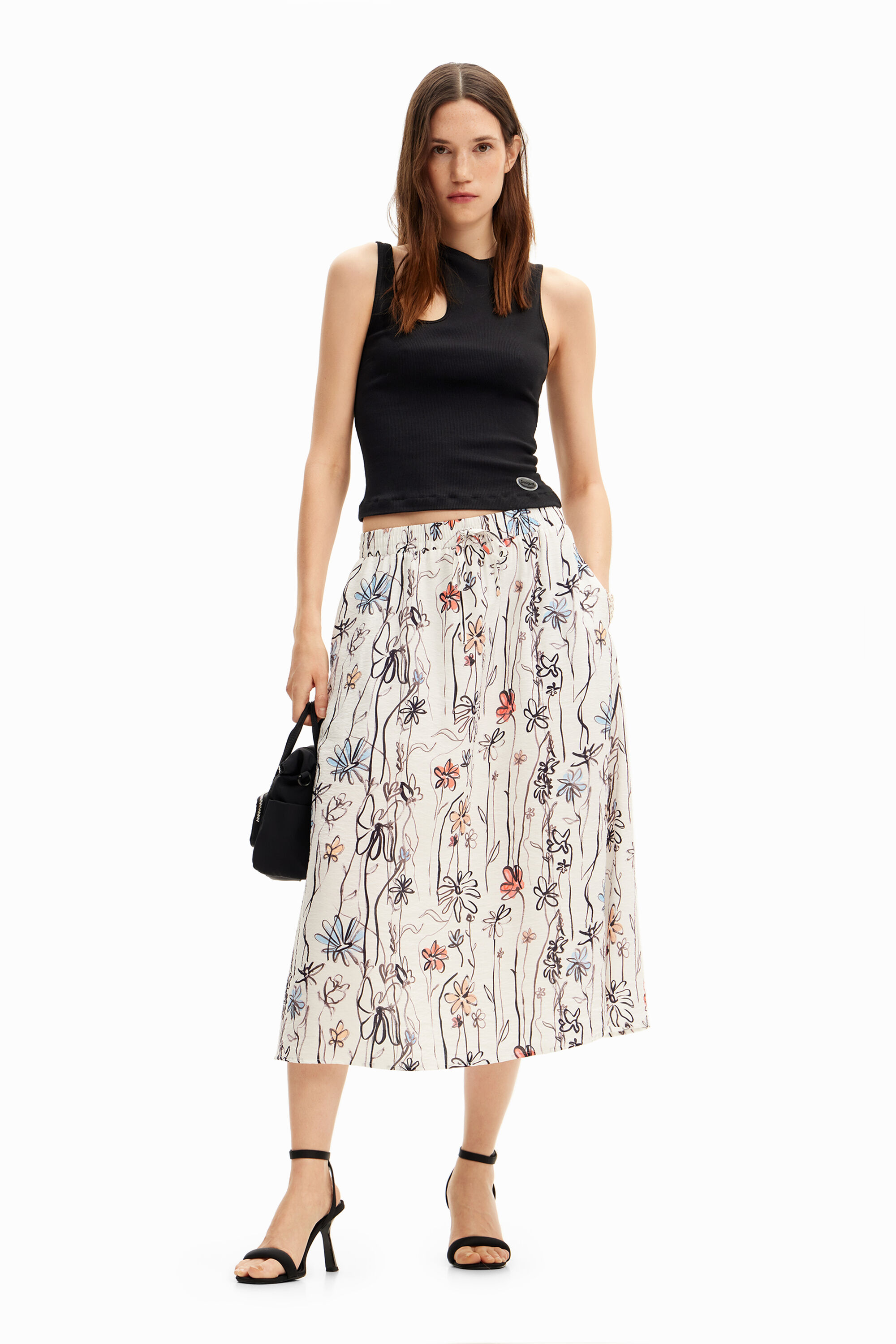 Falda midi con estampado de flores