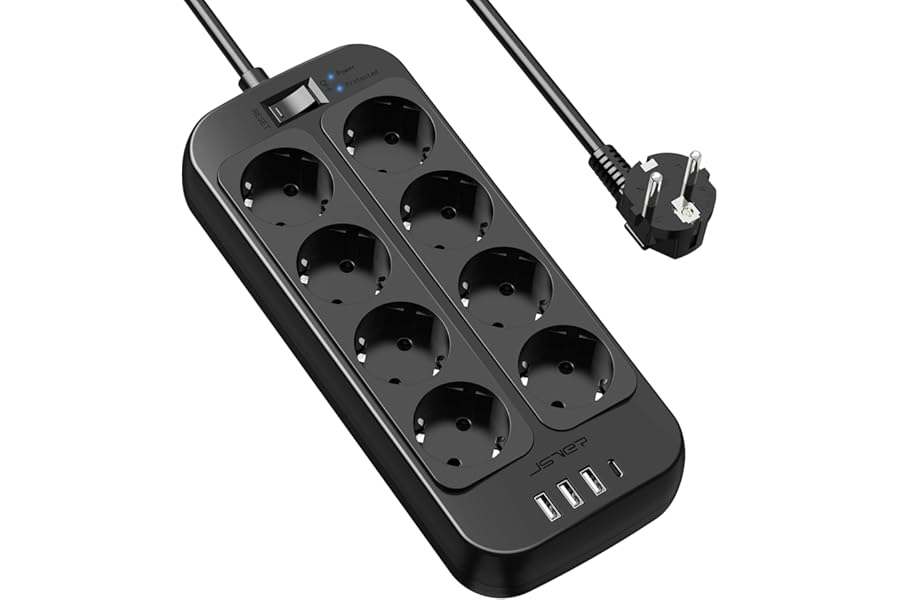 Regleta de Enchufes USB con Protección de Sobretensión de 8 Tomas y 4 Puertos
