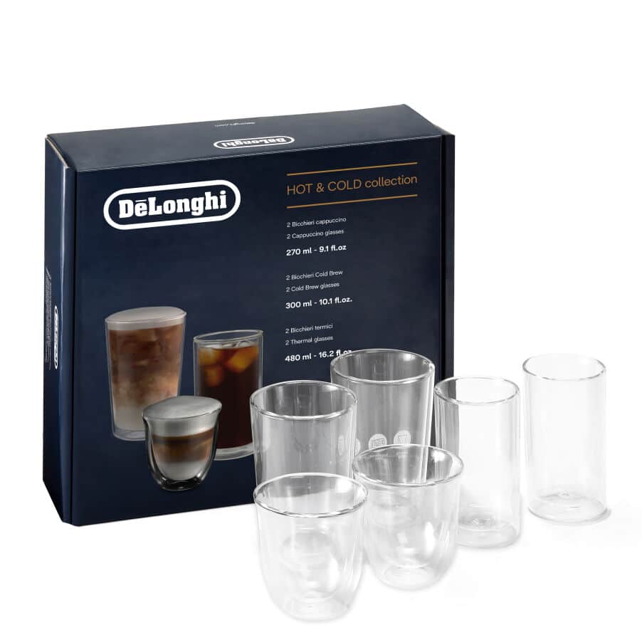 De'Longhi Colección Hot&Cold Juego de 2 Vasos de Cappuccino, 2 Vasos de Cold Brew y 2 Vasos Térmicos de Doble Pared DLSC326