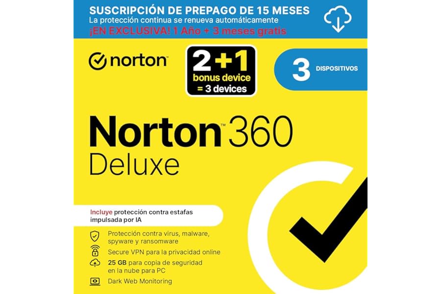 Norton 360 Deluxe Antivirus 2 Dispositivos 15 Meses Suscripción Digital