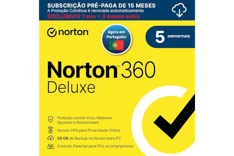 Norton 360 Deluxe 2025 antivirus para 5 dispositivos (15 meses)